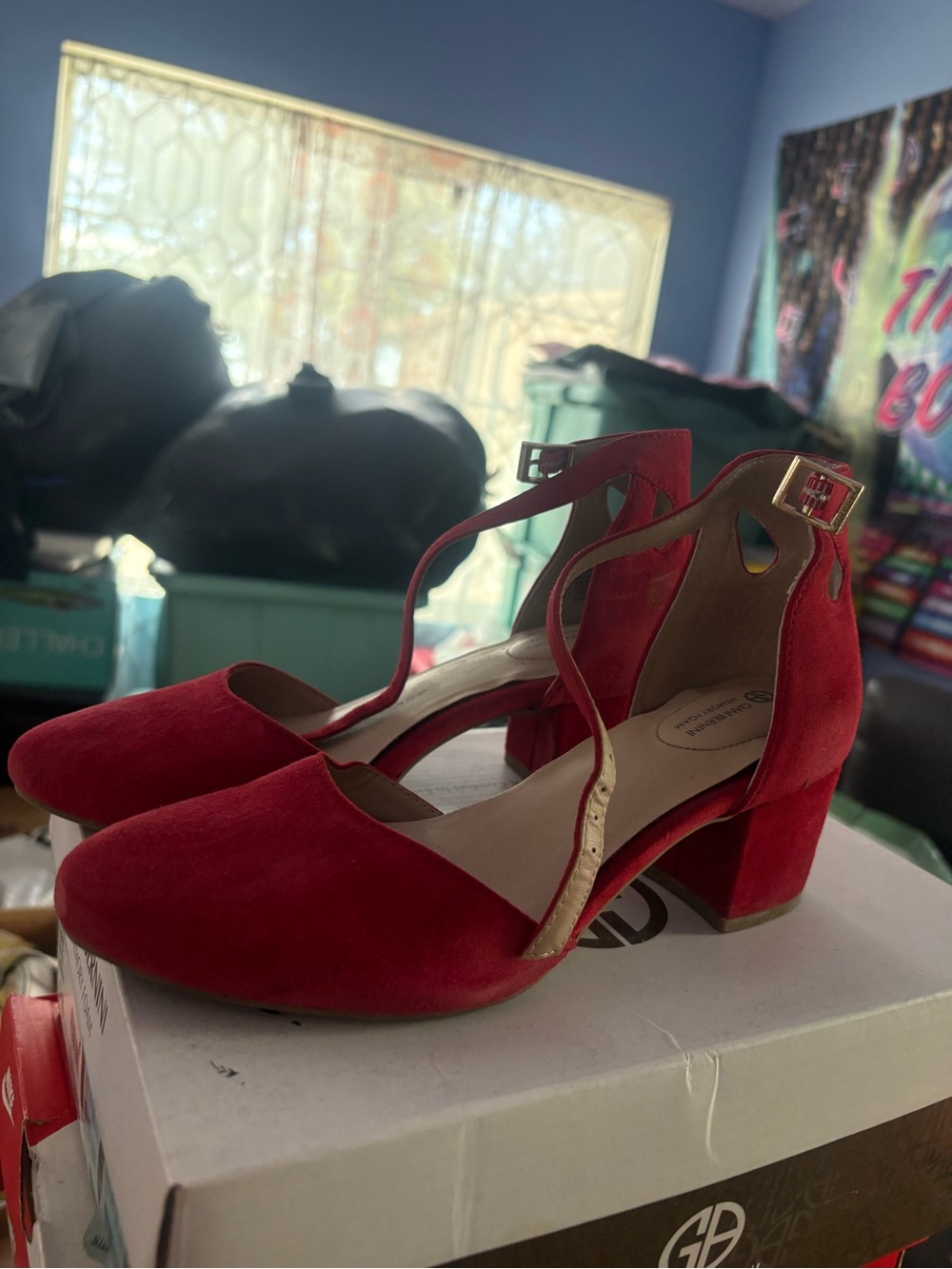 Giani Bernini Red Suede T-Strap Block Heel Pumps